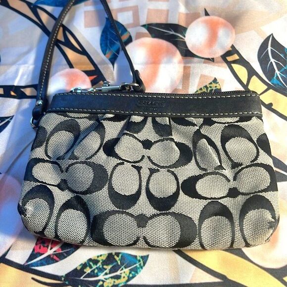 Coach Black and Beige “C” Logo Canvas and Leather Wristlet - Picture 1 of 8